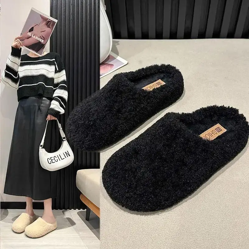 2025 New Autumn and Winter Baotou Fur Slippers for Women to Wear Flat-Soled Plush Warm Indoor Cotton Slippers Wholesale