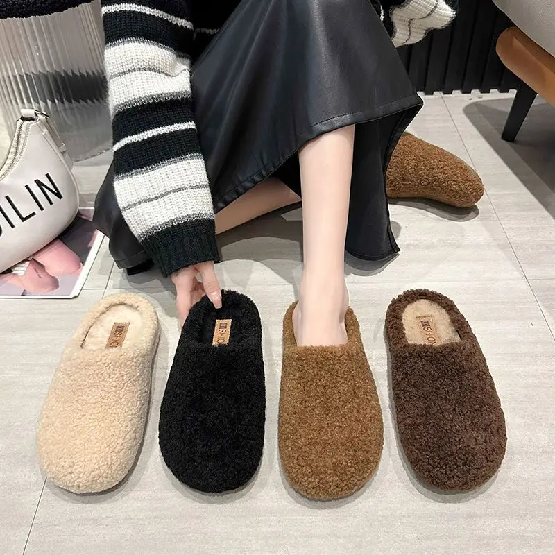 2025 New Autumn and Winter Baotou Fur Slippers for Women to Wear Flat-Soled Plush Warm Indoor Cotton Slippers Wholesale