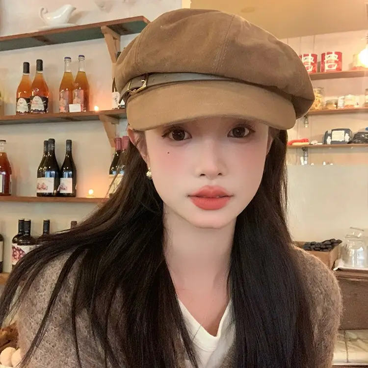 Vintage Suede Octagonal Hat for Women Autumn Winter Retro British Style - Image 3