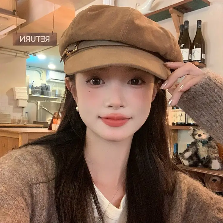 Vintage Suede Octagonal Hat for Women Autumn Winter Retro British Style - Image 4