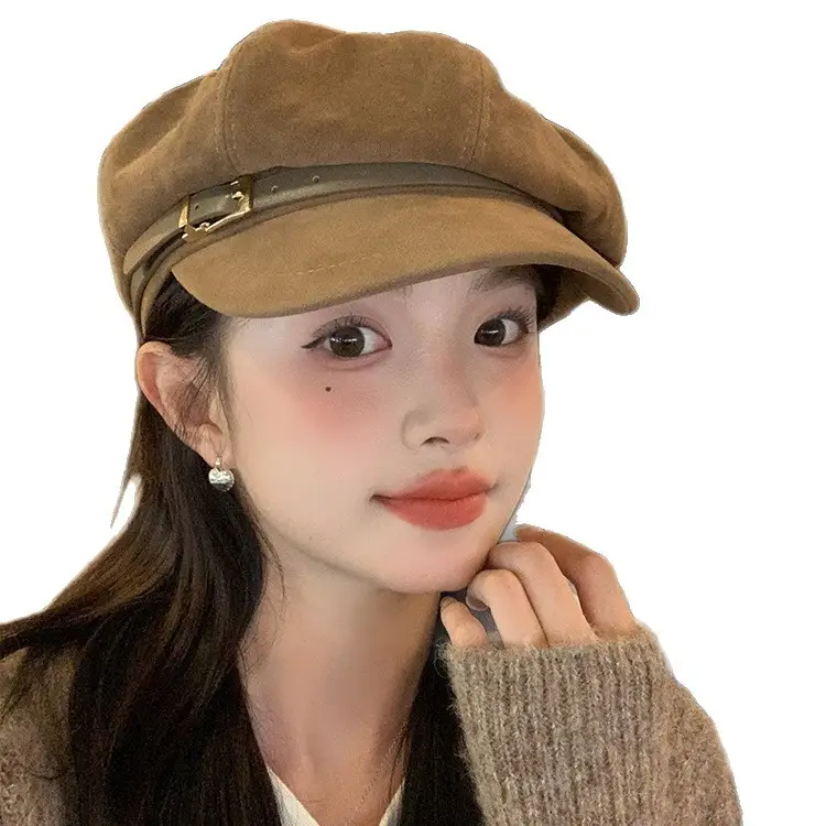 Vintage Suede Octagonal Hat for Women Autumn Winter Retro British Style - Image 5