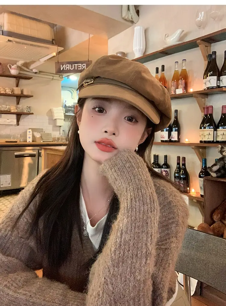 Vintage Suede Octagonal Hat for Women Autumn Winter Retro British Style — feature 10