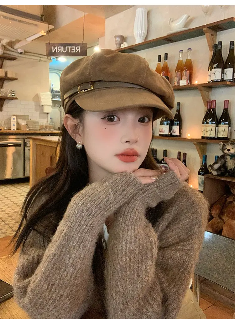Vintage Suede Octagonal Hat for Women Autumn Winter Retro British Style — feature 13