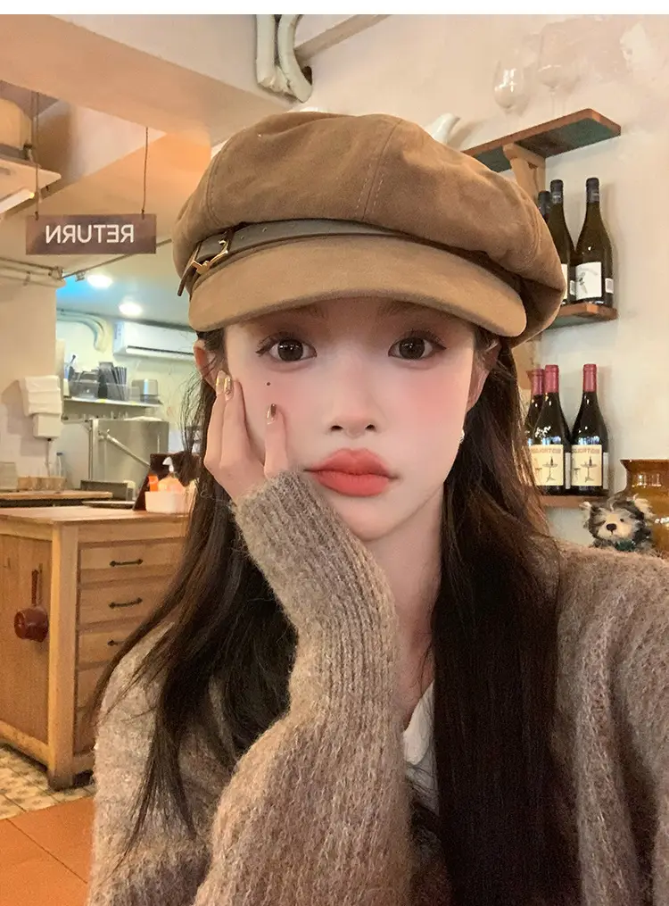 Vintage Suede Octagonal Hat for Women Autumn Winter Retro British Style — feature 15