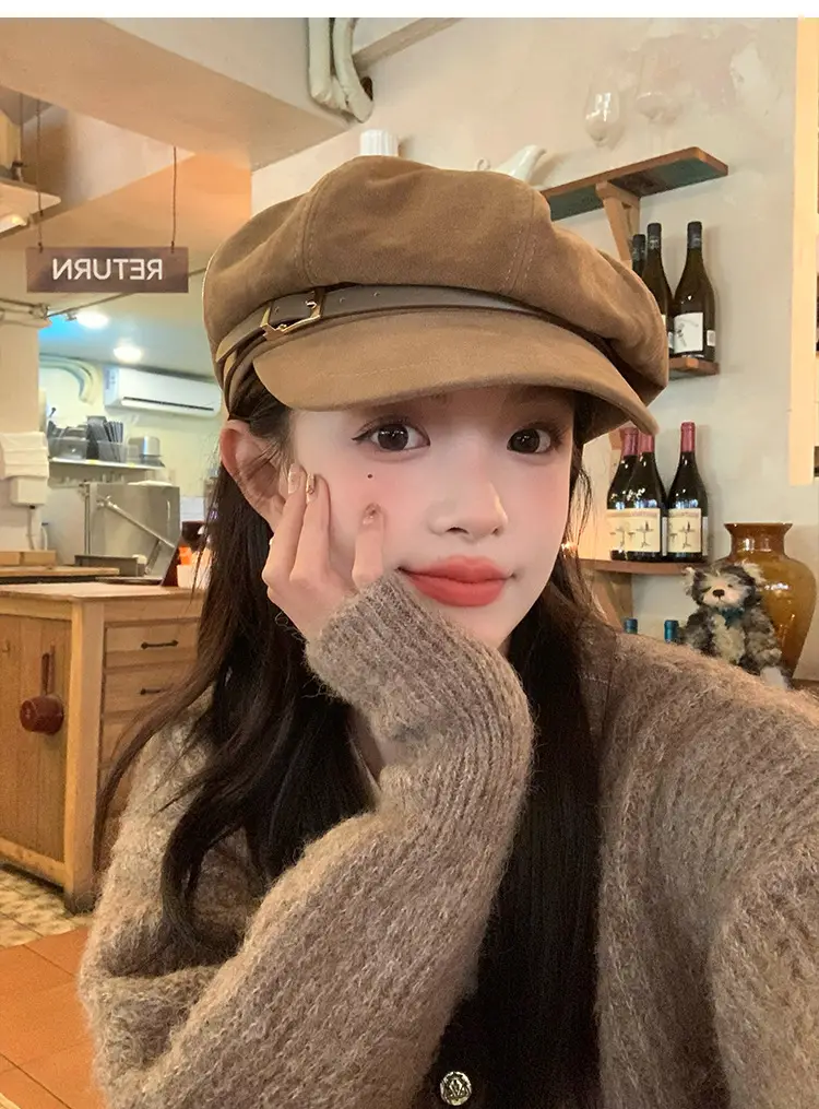 Vintage Suede Octagonal Hat for Women Autumn Winter Retro British Style — feature 2