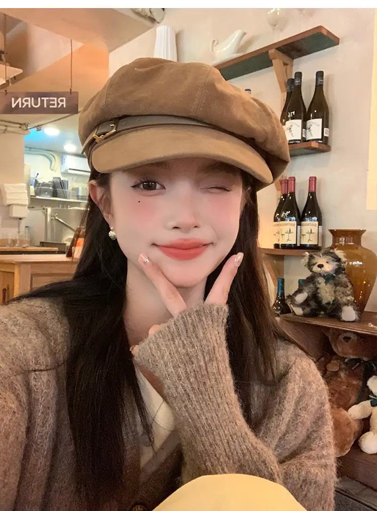 Vintage Suede Octagonal Hat for Women Autumn Winter Retro British Style — feature 4