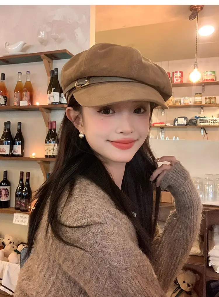 Vintage Suede Octagonal Hat for Women Autumn Winter Retro British Style — feature 8