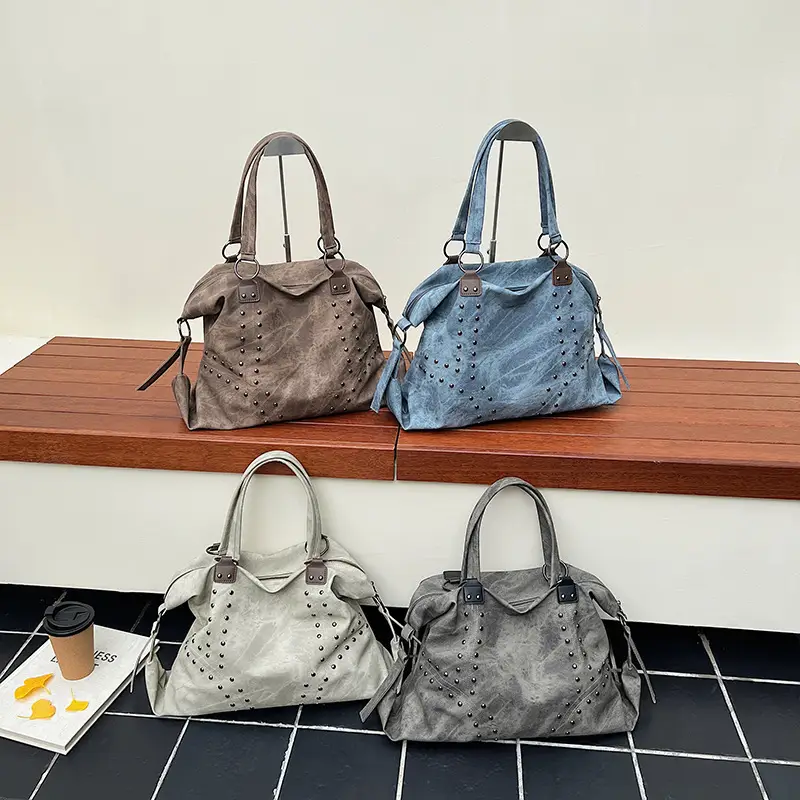 Large Capacity Rivet Handbag Brown Leather - Image 8