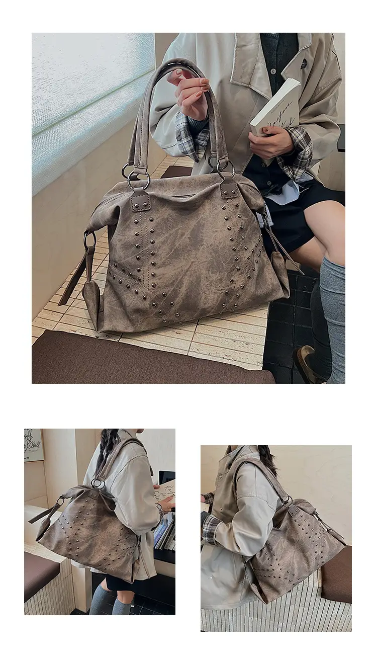 Large Capacity Rivet Handbag Brown Leather — feature 10