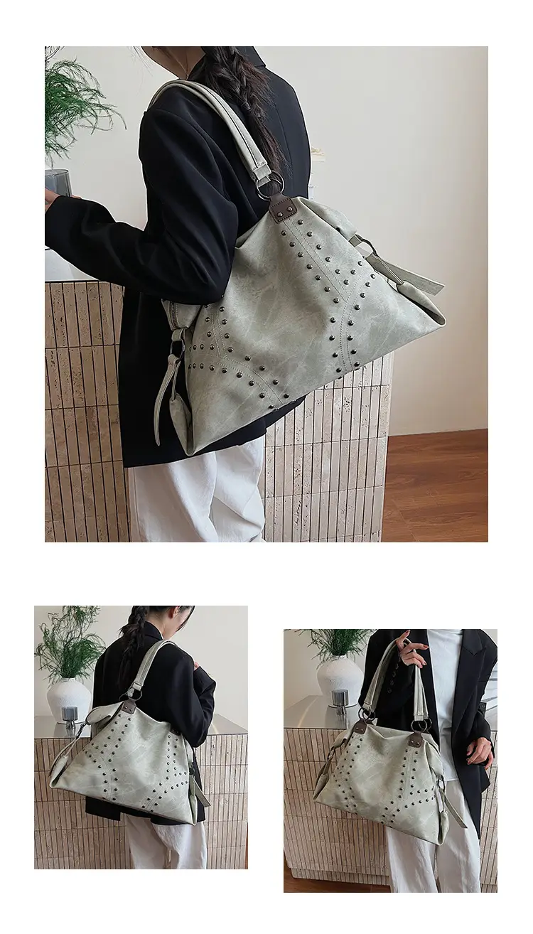 Large Capacity Rivet Handbag Brown Leather — feature 11