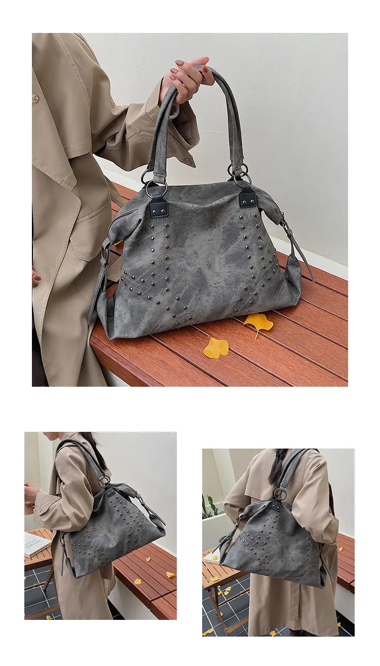 Large Capacity Rivet Handbag Brown Leather — feature 12