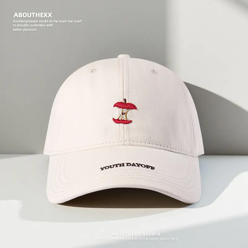 Women Red Embroidered Baseball Cap with Fruit Design - Image 6