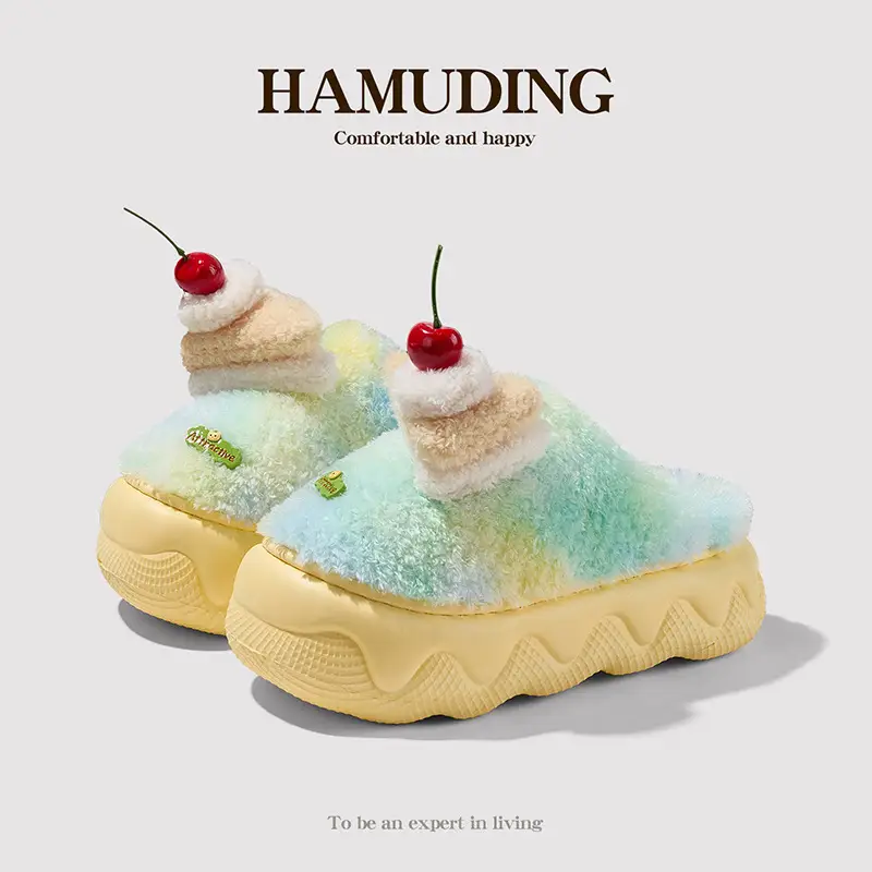 Qidan Shoe Factory Cotton Slippers for Women in Autumn and Winter Cute Home Indoor Thick-Soled Non-Slip Fleece-Lined Warm Furry Slippers for Women