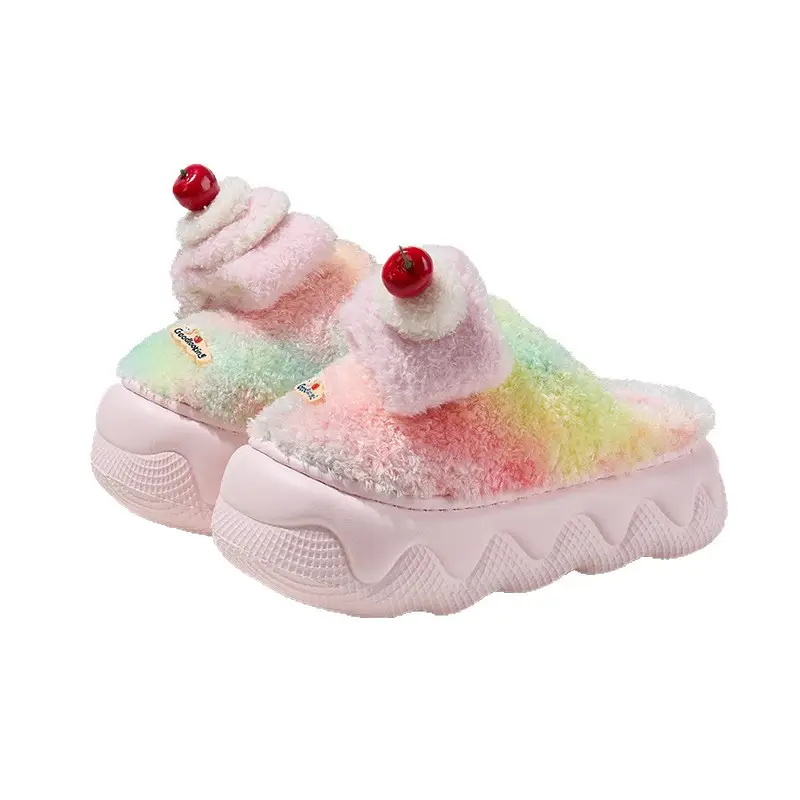 Qidan Shoe Factory Cotton Slippers for Women in Autumn and Winter Cute Home Indoor Thick-Soled Non-Slip Fleece-Lined Warm Furry Slippers for Women