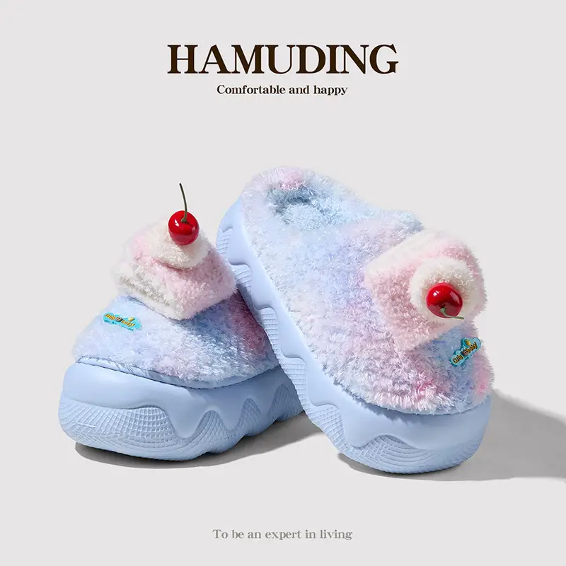 Qidan Shoe Factory Cotton Slippers for Women in Autumn and Winter Cute Home Indoor Thick-Soled Non-Slip Fleece-Lined Warm Furry Slippers for Women