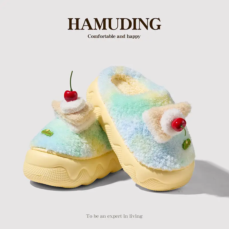 Qidan Shoe Factory Cotton Slippers for Women in Autumn and Winter Cute Home Indoor Thick-Soled Non-Slip Fleece-Lined Warm Furry Slippers for Women