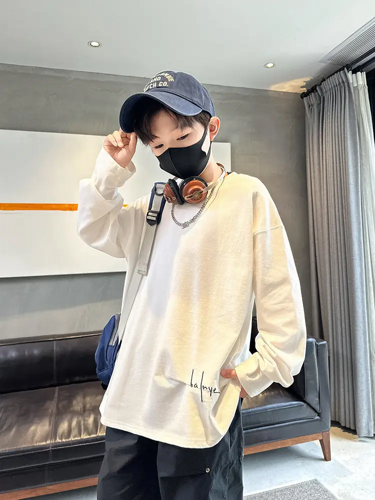 Children's White Cotton Long Sleeve T-Shirt Spring Fall 2025 - Image 4