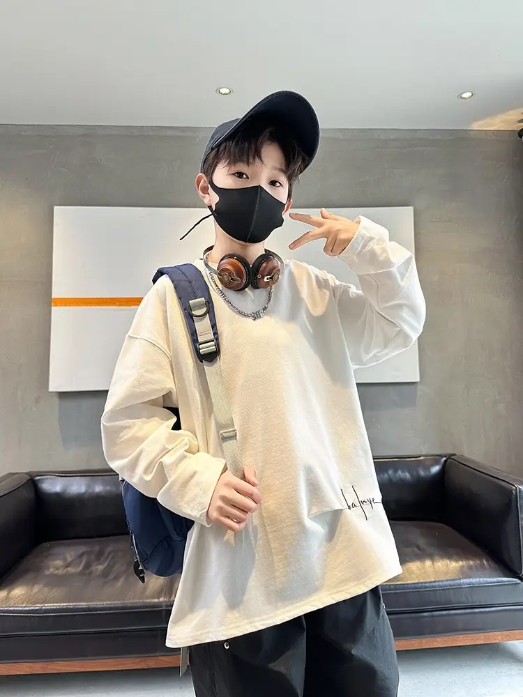 Children's White Cotton Long Sleeve T-Shirt Spring Fall 2025 - Image 5