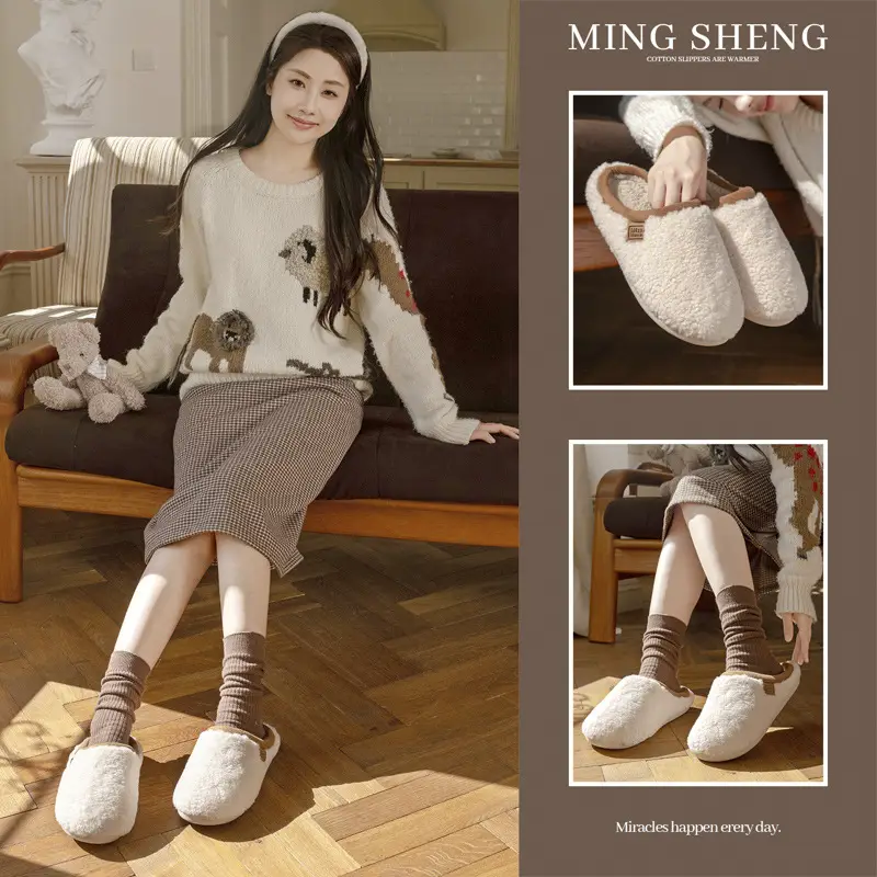2025 Winter Stuffed White Slippers Women Men Velvet Cotton Warm Indoor - Image 5