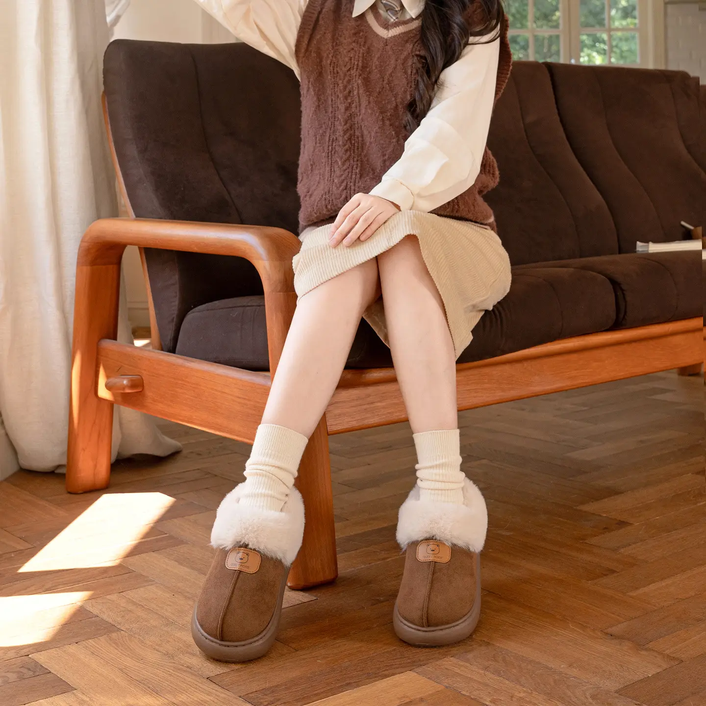 Women Warm Faux Fur Heel Slippers Brown Winter - Image 6