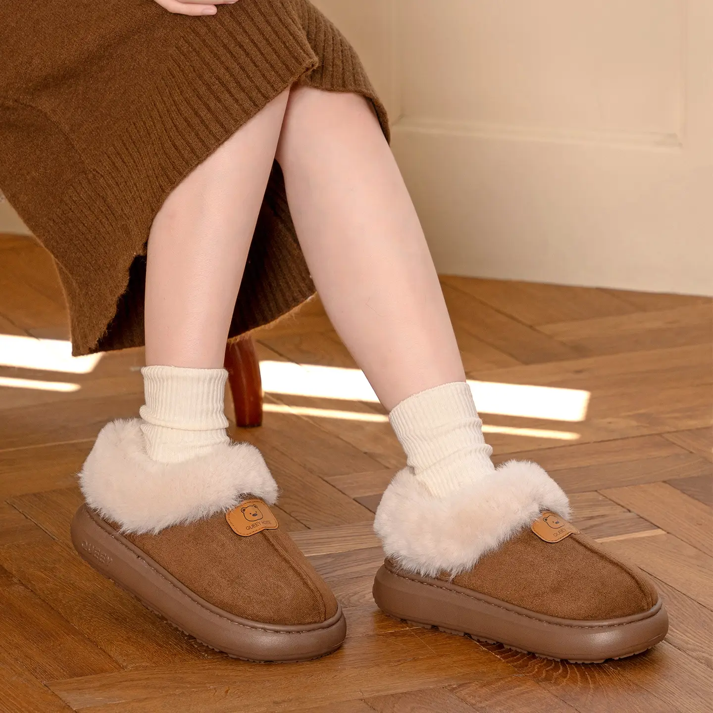Women Warm Faux Fur Heel Slippers Brown Winter - Image 8