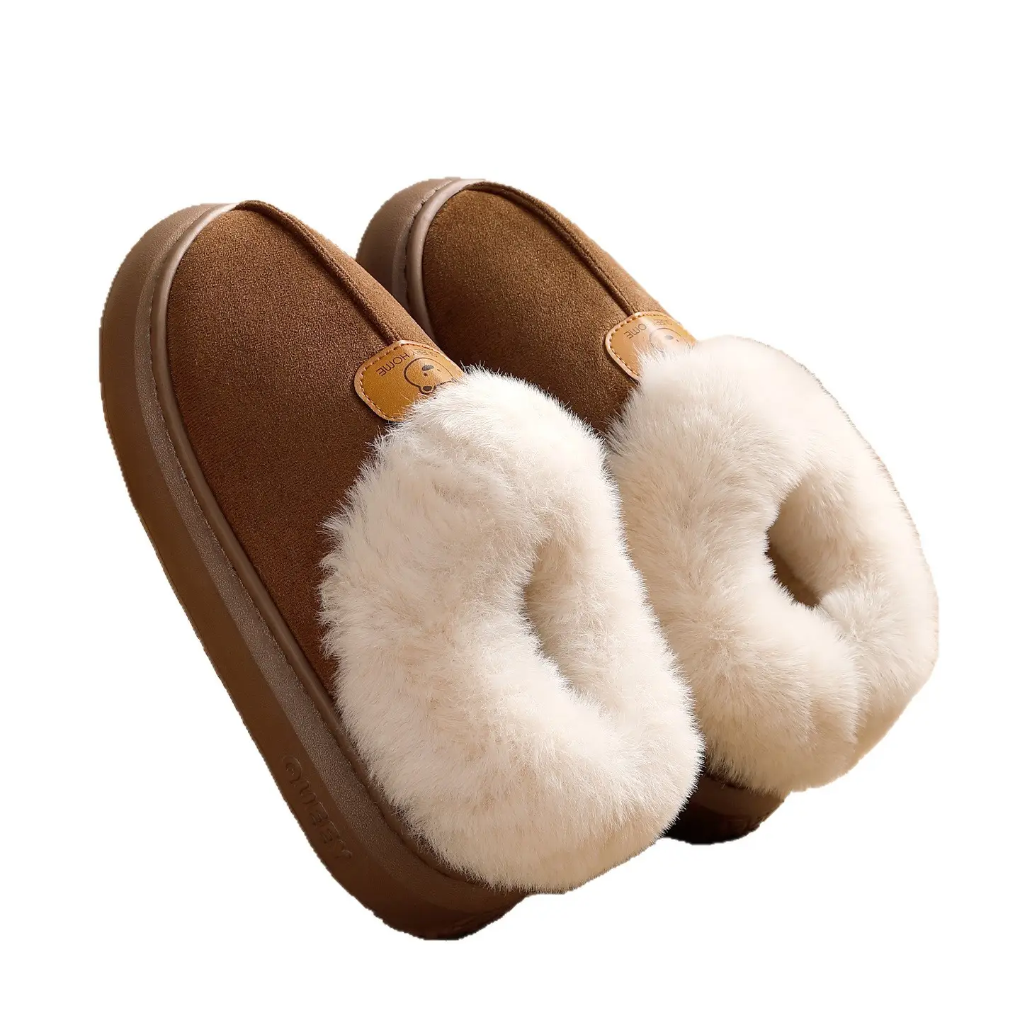 Women Warm Faux Fur Heel Slippers Brown Winter - Image 9