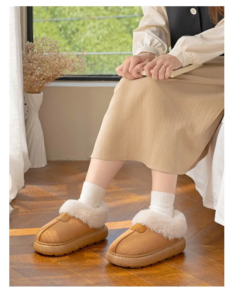 Women Warm Faux Fur Heel Slippers Brown Winter — feature 21