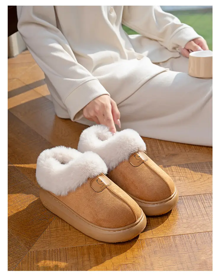 Women Warm Faux Fur Heel Slippers Brown Winter — feature 24