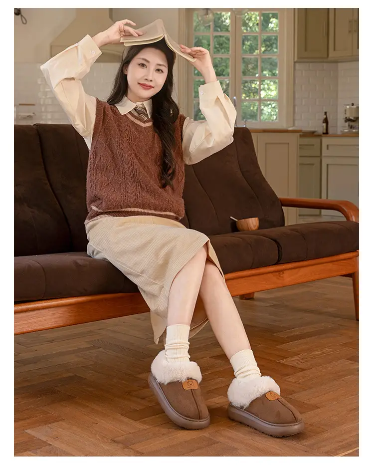 Women Warm Faux Fur Heel Slippers Brown Winter — feature 30