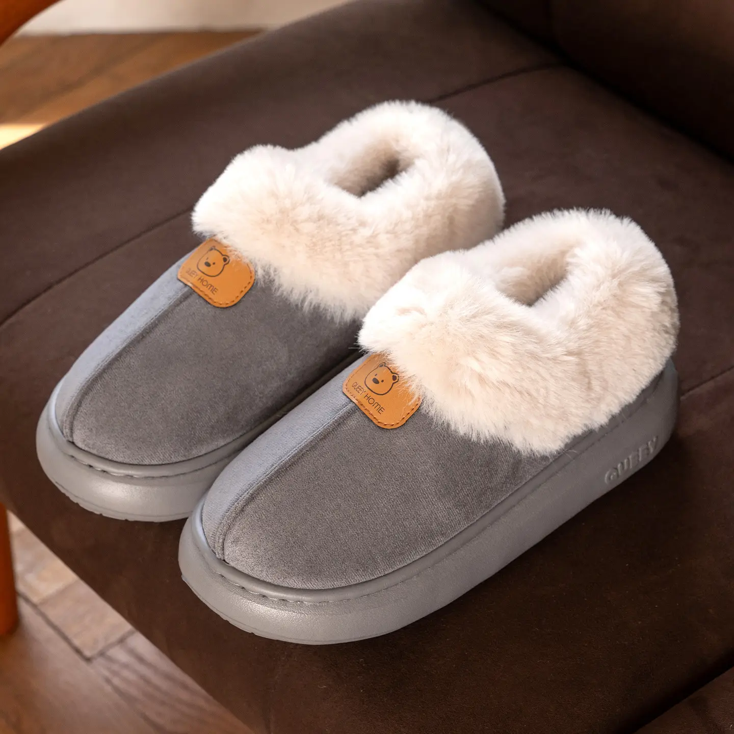 Women Warm Faux Fur Heel Slippers Brown Winter - Image 4