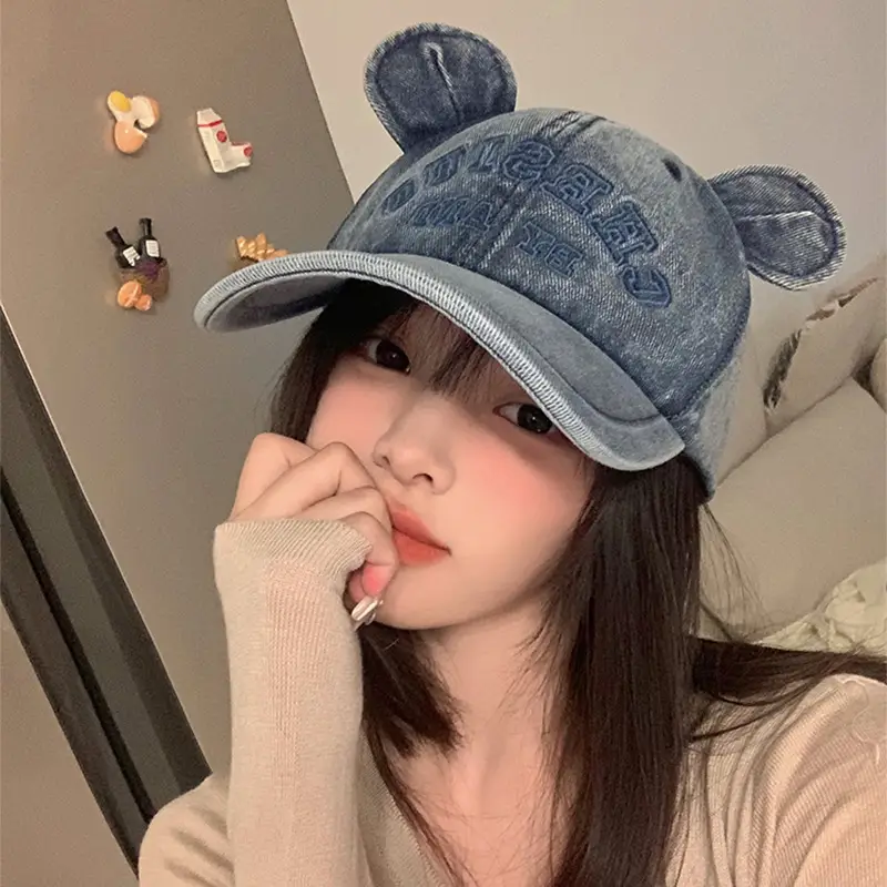 Korean Version Bear Ear Denim Cap with Letter Embroidery - Image 6
