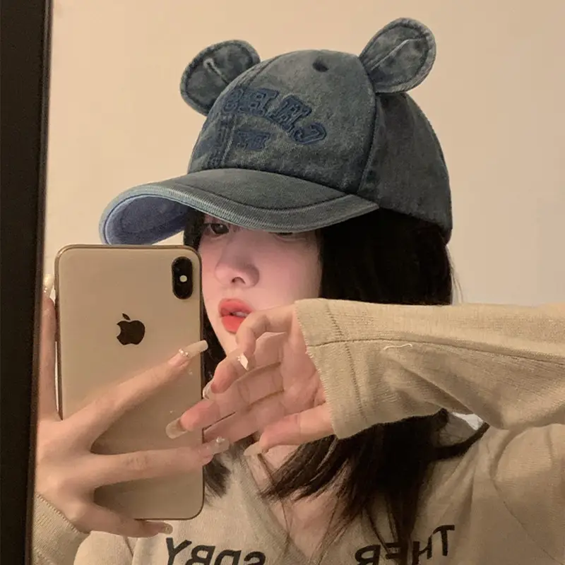 Korean Version Bear Ear Denim Cap with Letter Embroidery - Image 8