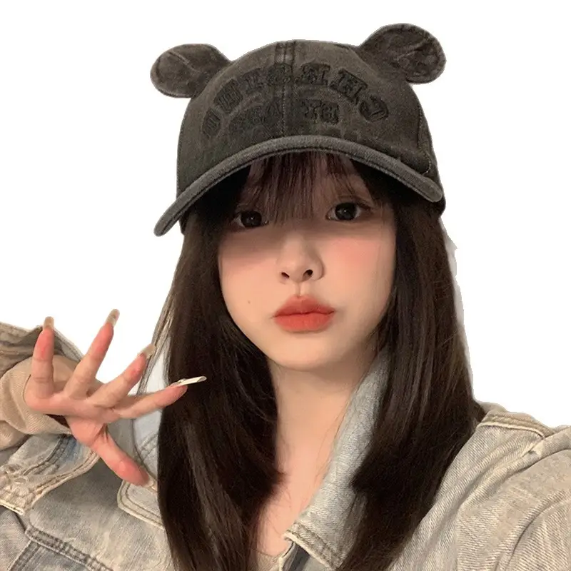 Korean Version Bear Ear Denim Cap with Letter Embroidery - Image 9