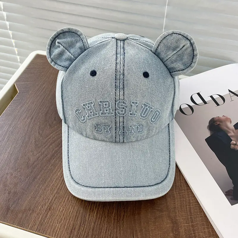 Korean Version Bear Ear Denim Cap with Letter Embroidery - Image 2