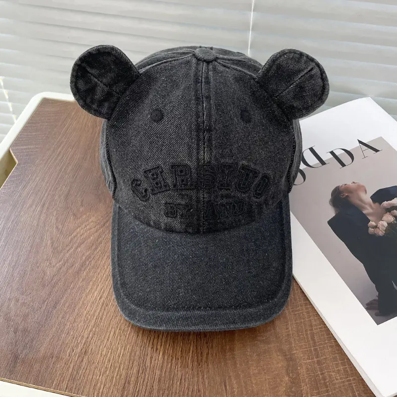 Korean Version Bear Ear Denim Cap with Letter Embroidery - Image 3