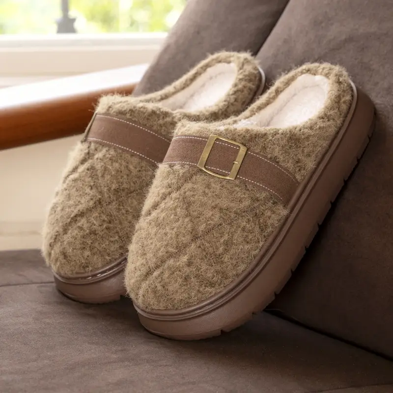 New Plaid Webbing Plush Slippers for Women in Autumn and Winter for Couples Indoor Home Fleece-Lined Warm Anti-Slip Cotton Slippers for Men - Image 4