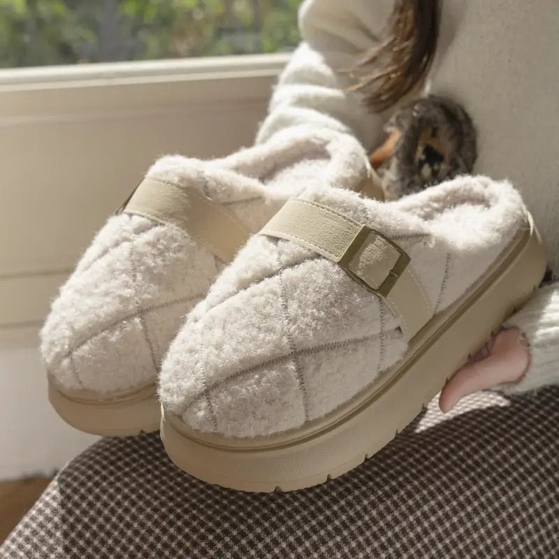 New Plaid Webbing Plush Slippers for Women in Autumn and Winter for Couples Indoor Home Fleece-Lined Warm Anti-Slip Cotton Slippers for Men - Image 6