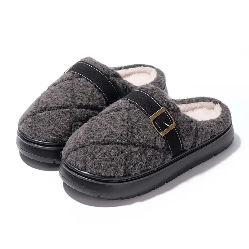 New Plaid Webbing Plush Slippers for Women in Autumn and Winter for Couples Indoor Home Fleece-Lined Warm Anti-Slip Cotton Slippers for Men - Image 2