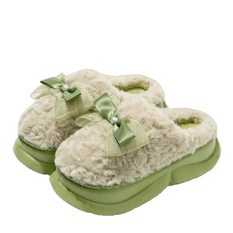 Women Cotton Bow Slippers Green Warm Winter Home - Image 8