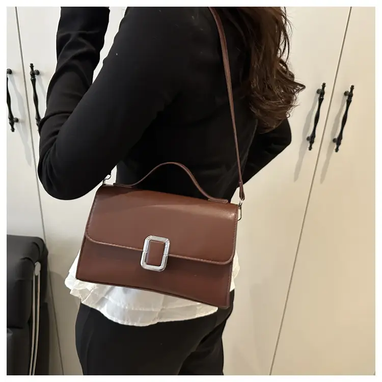 Women's Brown Square Satchel Bag with Metal Clasp — feature 13