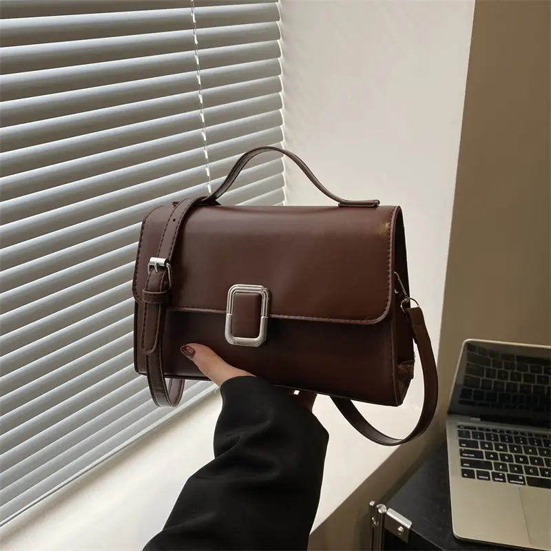 Women's Brown Square Satchel Bag with Metal Clasp