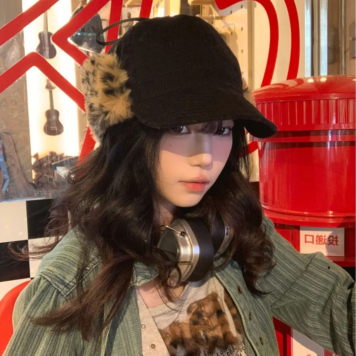 Women Plush Japanese Trapper Hat with Leopard Print - Image 5