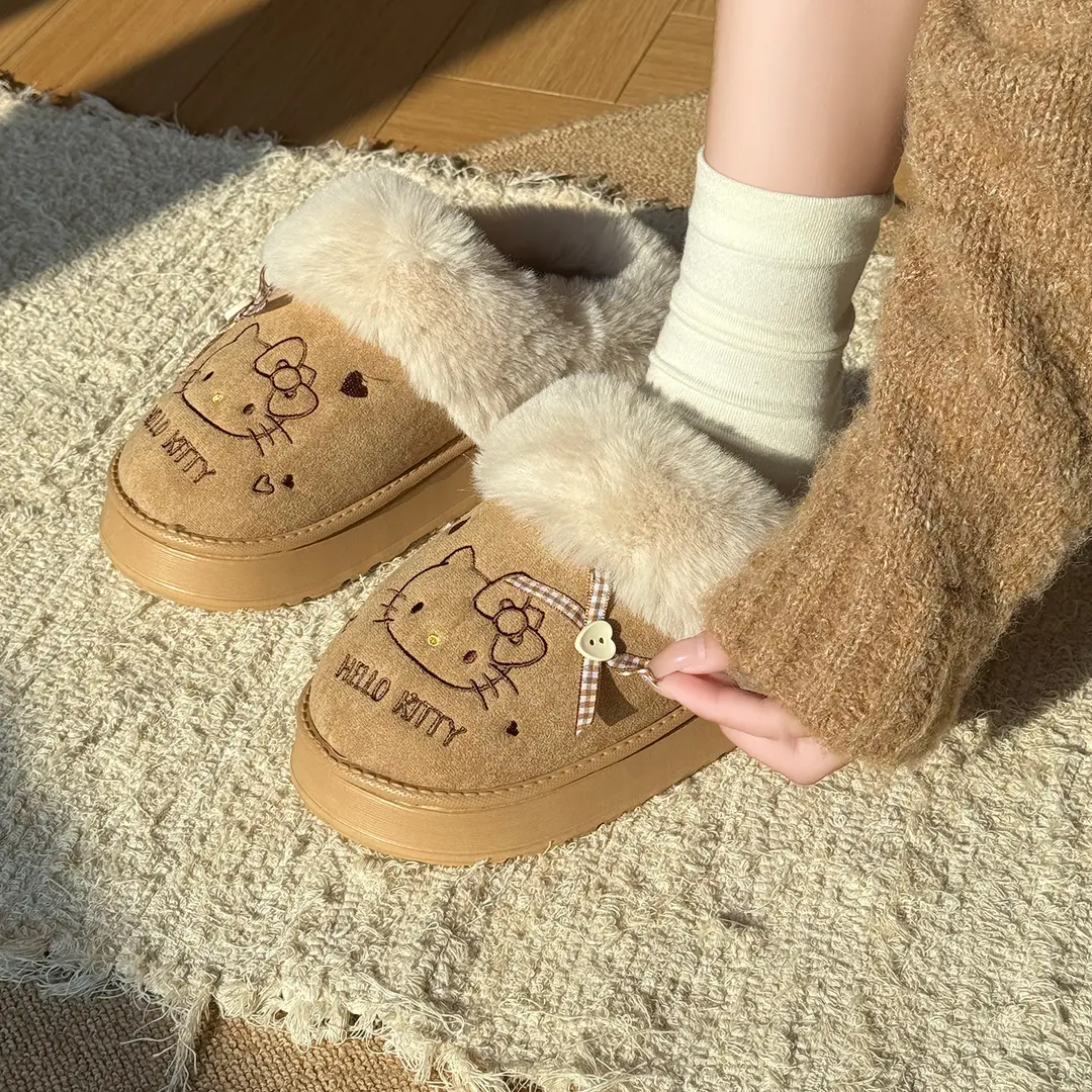 Nanbowan Genuine Kt Cat Cotton Slippers for Women in Autumn and Winter Cute Home Fleece-Lined Warm Outer Wear Furry Slippers for Women - Image 6