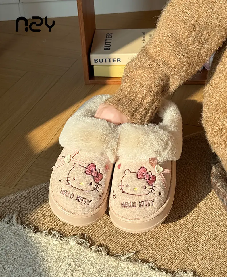 Nanbowan Genuine Kt Cat Cotton Slippers for Women in Autumn and Winter Cute Home Fleece-Lined Warm Outer Wear Furry Slippers for Women — feature 1
