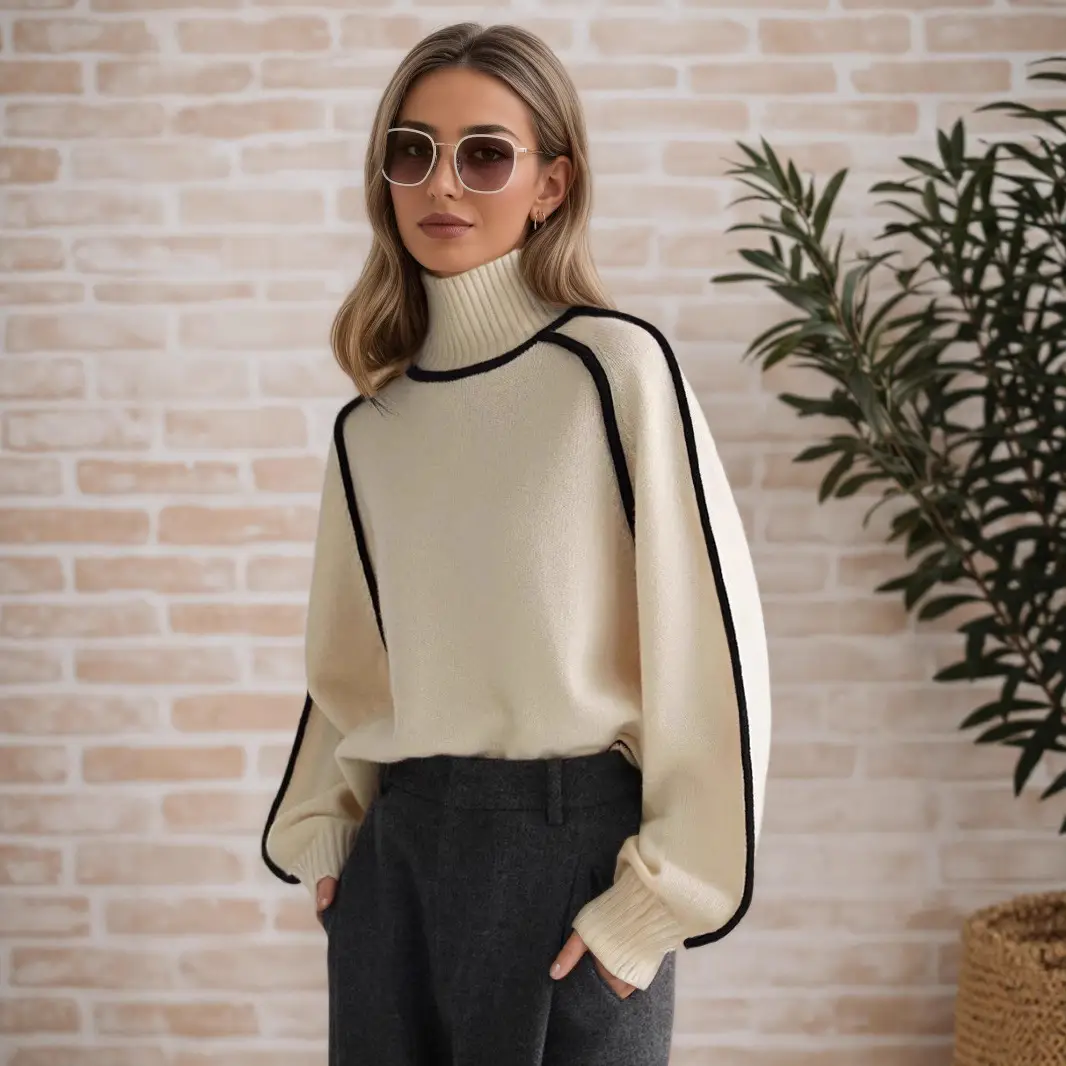 Cross-Border Trade Autumn and Winter Half-High Collar Three-Dimensional Striped Slimming Casual Loose Pullover Knit Sweater Lazy Style Sweater