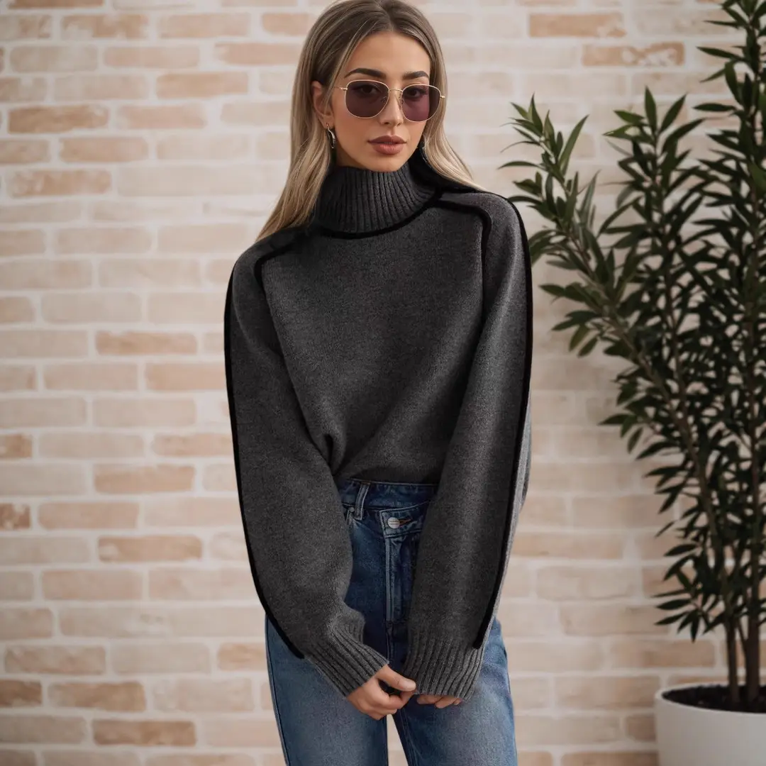 Cross-Border Trade Autumn and Winter Half-High Collar Three-Dimensional Striped Slimming Casual Loose Pullover Knit Sweater Lazy Style Sweater