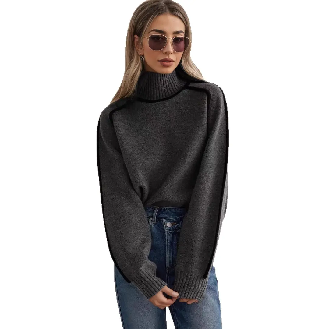 Cross-Border Trade Autumn and Winter Half-High Collar Three-Dimensional Striped Slimming Casual Loose Pullover Knit Sweater Lazy Style Sweater