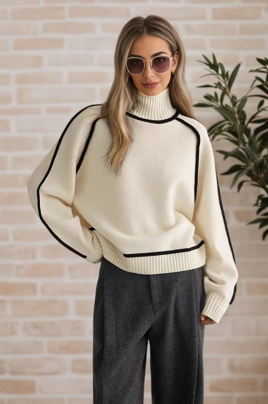 Cross-Border Trade Autumn and Winter Half-High Collar Three-Dimensional Striped Slimming Casual Loose Pullover Knit Sweater Lazy Style Sweater — feature 10