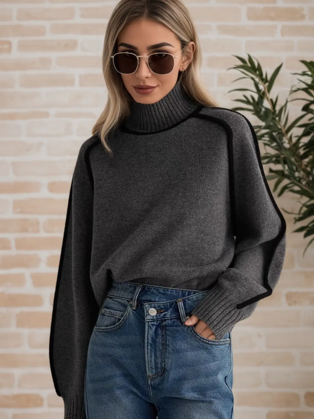 Cross-Border Trade Autumn and Winter Half-High Collar Three-Dimensional Striped Slimming Casual Loose Pullover Knit Sweater Lazy Style Sweater — feature 12