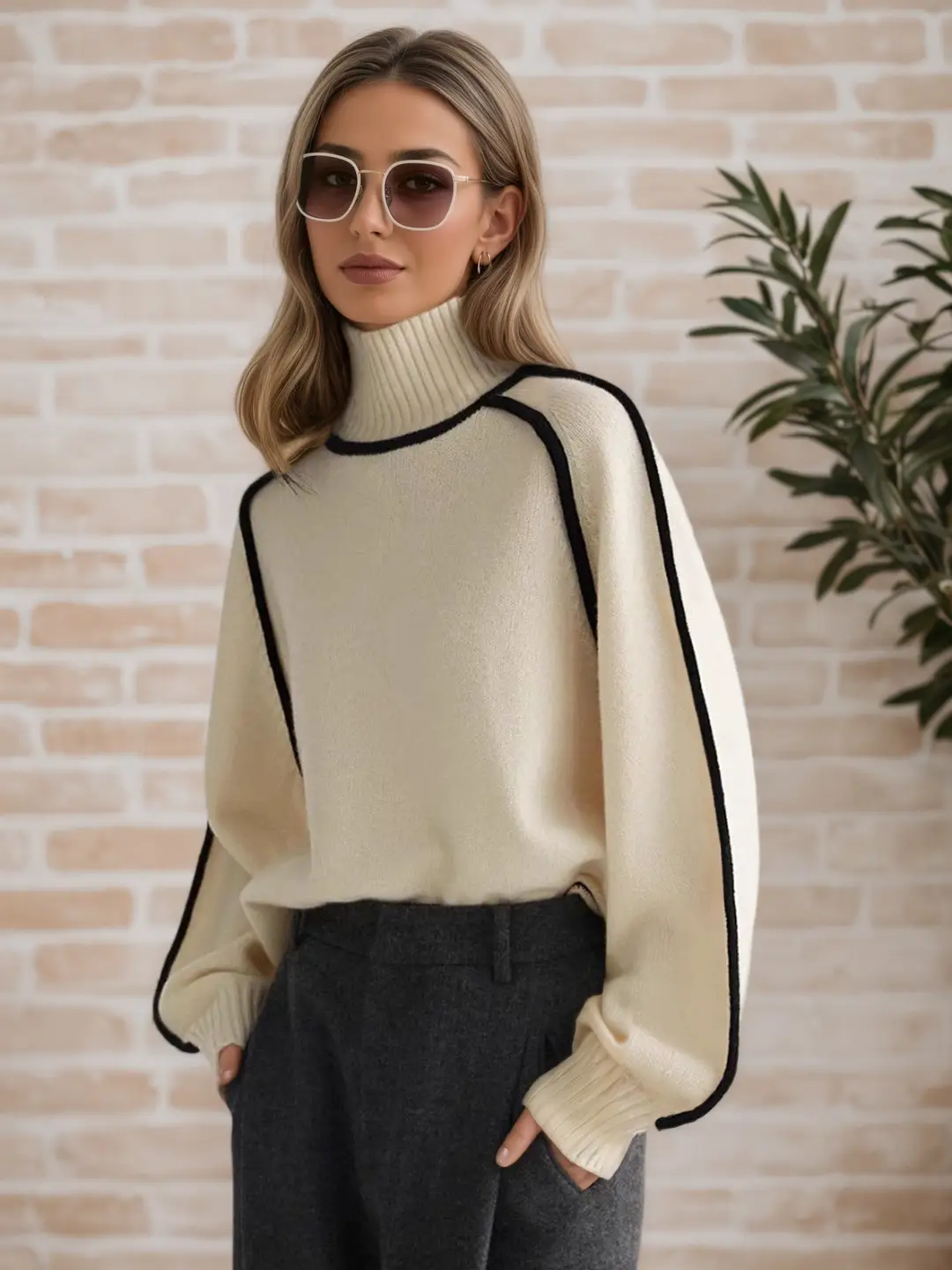Cross-Border Trade Autumn and Winter Half-High Collar Three-Dimensional Striped Slimming Casual Loose Pullover Knit Sweater Lazy Style Sweater — feature 13